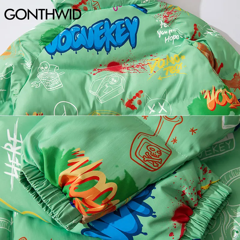 GONTHWID/куртки с капюшоном в стиле хип-хоп, граффити, козья краска, уличная одежда, зимняя Толстая Повседневная парка с хлопковой подкладкой, куртка, пальто, топы