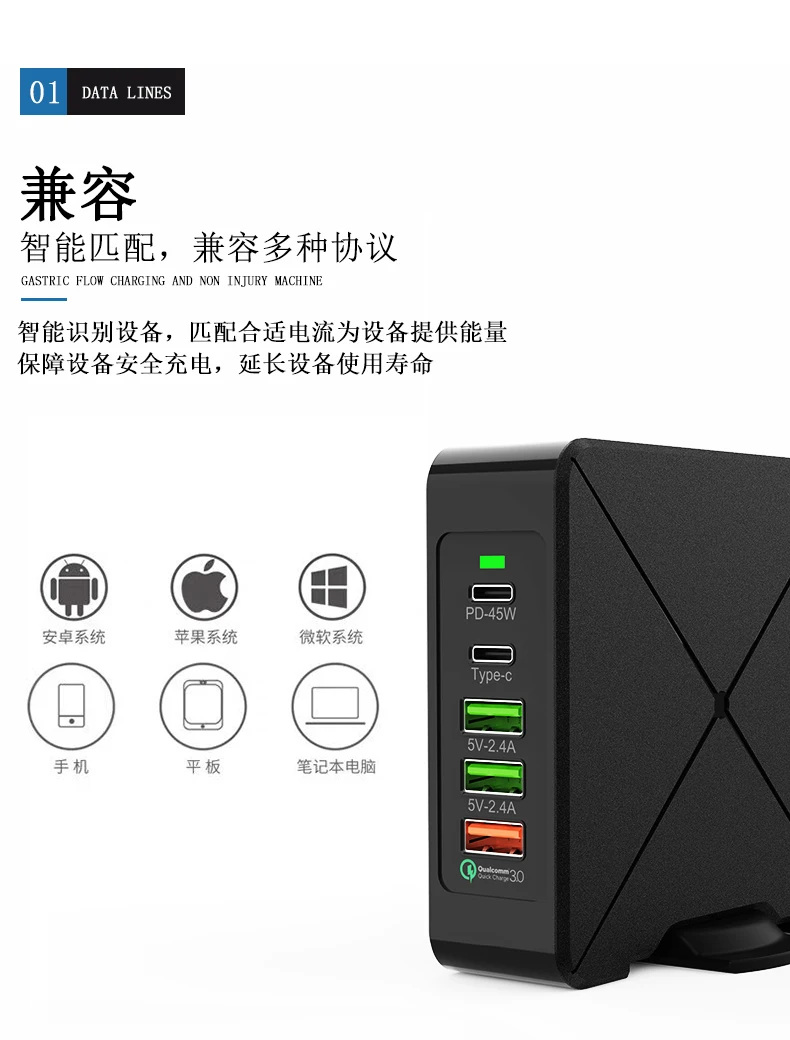 USB 75 Вт Зарядное устройство Быстрая зарядная станция 45 Вт PD USB-C адаптер питания