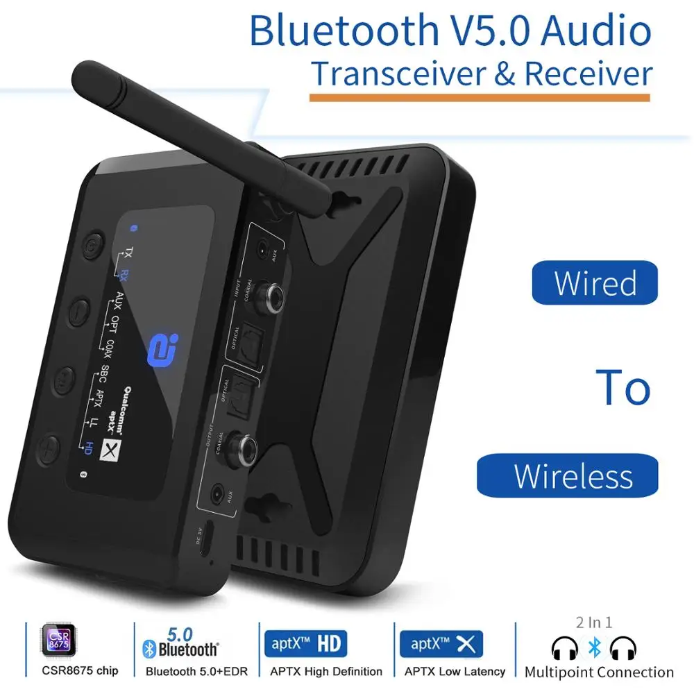 Bluetooth 5.0 Audio Transmitter Receiver Music aptX LL /HD 2-In-1 Adapter Type c/3.5mm Aux Jack Optical Coaxial | Электроника