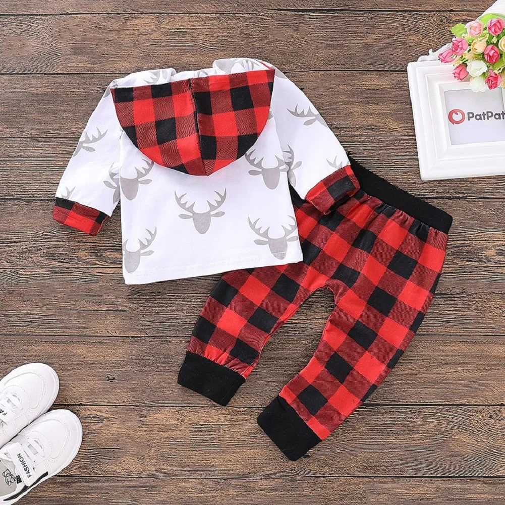 Christmas Newborn Infant Kid Baby Boy Girl Plaid Clothes Pockets Hooded Top Leggings Pants Outfit Long Sleeve Autumn Warm Winter