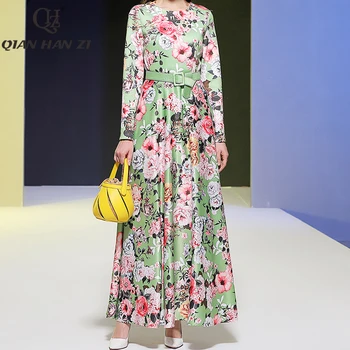 

Qian Han Zi 2020 Designer Fashion Maxi Dress Women's Long Sleeve High Quality Amazing Flower Print Belt Vintage Long Dress