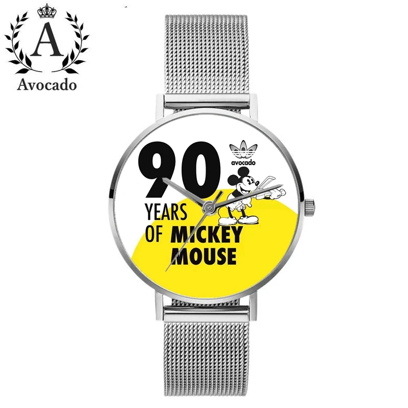 

90 Years Of Mickey Mouse Watches Cartoon Silver Stainless Steel Mesh Belt Quartz Watch For Women Female Ladies Avocado Souvenirs
