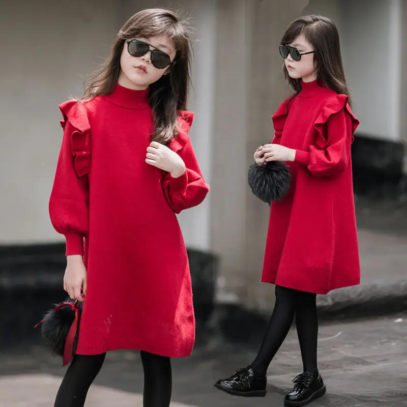 

2024 autumn spring Child lace Kid Girls Clothes Red Knitted Ruffles Teenager Long Sleeve Sweater Dress 7 8 9 10 11 12 13 14 Year