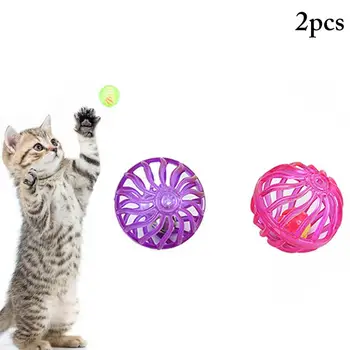 

2PCS Plastic Small Cat Pet Sound Toy Interactive Hollow Out Round Pet Colorful Playing Ball Toys With Small Bell Cat Products tf