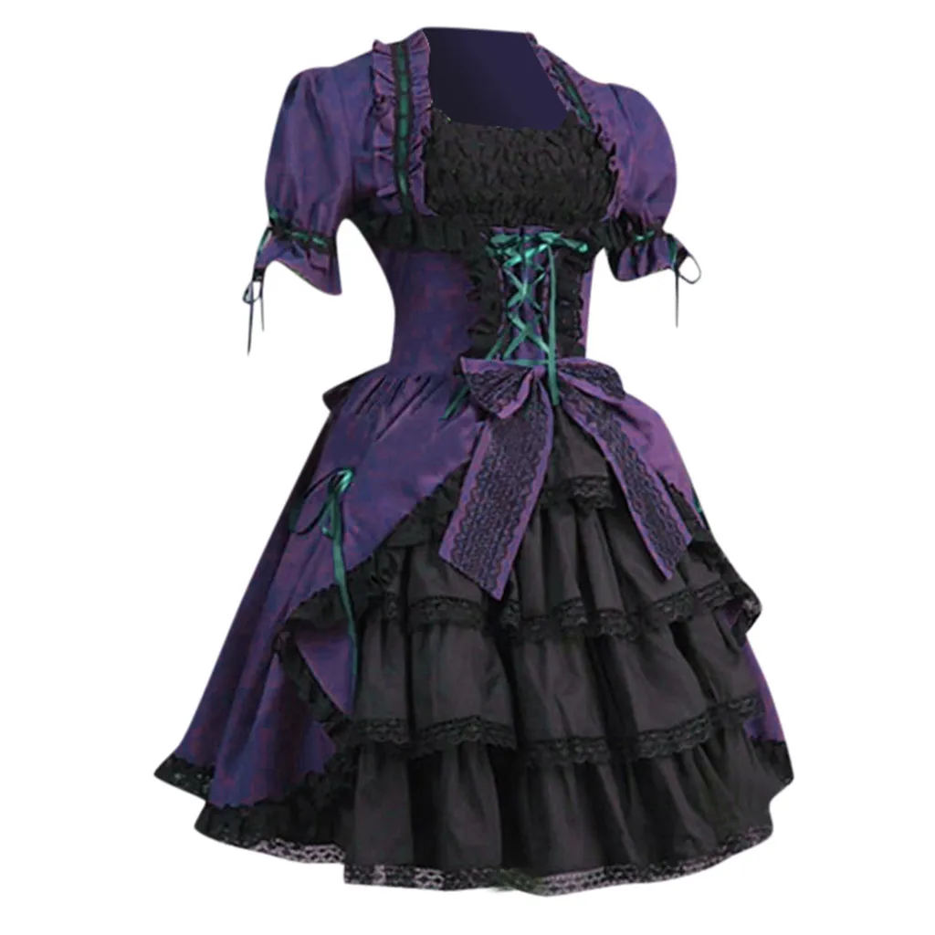 Женская одежда новая мода женские черные платья винтажные готические корт квадратный воротник пэчворк бант Harajuku Платье Халаты pour femmes