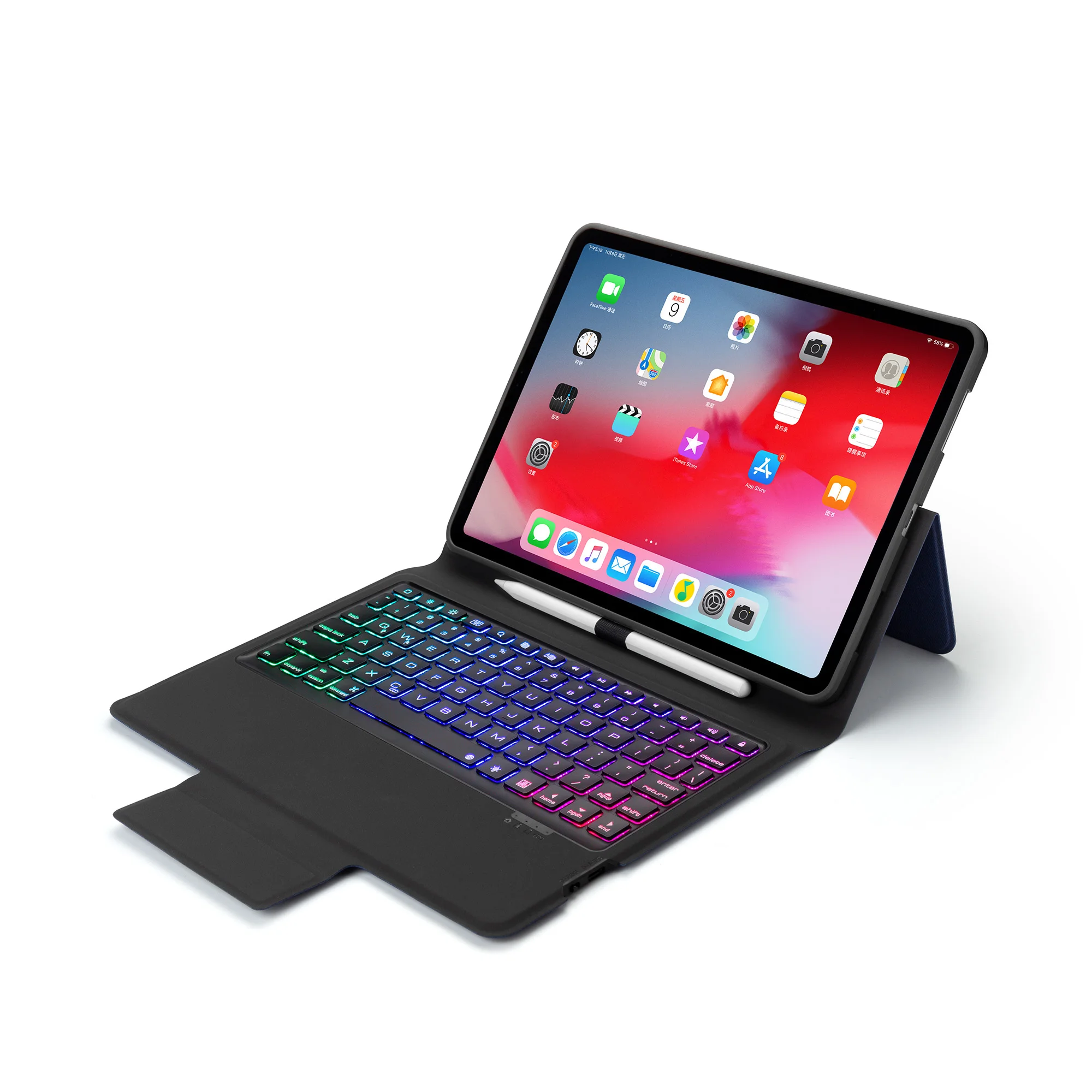 Беспроводной Bluetooth клавиатура кожаный чехол для iPad Pro 11 дюймов с Красочная светодиодная подсветка