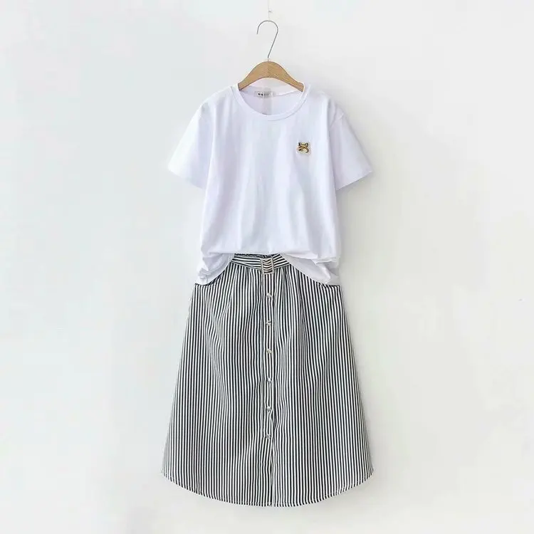 

10355 Solid Color T-shirt + Stripes Skirt Two-Piece Set Women's 2019 Summer Wear New Style