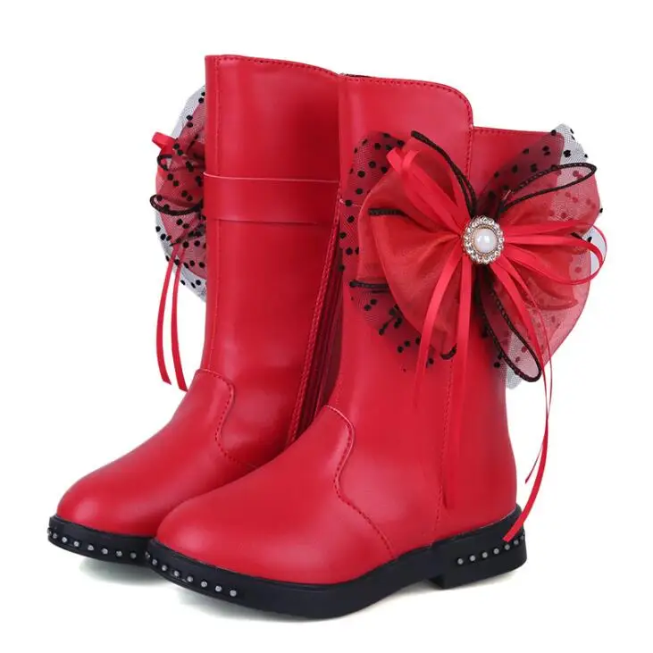 

New Gilrs Boots Winte Zip Cute Bow Snow Boots For Girls Princess Pu Leather Warm Kids Boots Kids Fashion Sneakers