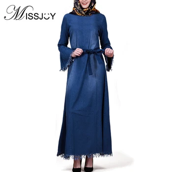 

MISSJOY Women Long Sleeves denim Abaya Malaysia Muslim Arab fashion turkey middle east Maxi Dresses Women Kuftan India Clothing