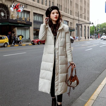 

Solid Winter Hooded Down Coats Women Plus Size Korean Thicken Warm Cotton Parka Long Coat Female Pocket Zipper Bread Outerwears