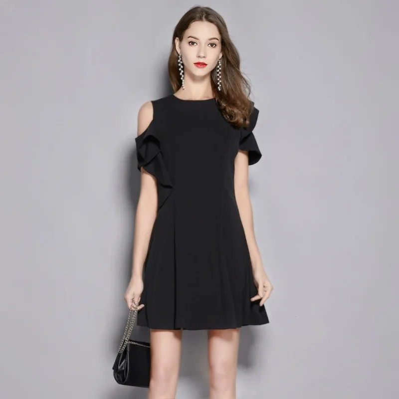 

2019 Summer Europe And America WOMEN'S Dress New Style Brand off-Shoulder Flounced Slim Fit Elegant Formal Dress Solid Color Dre