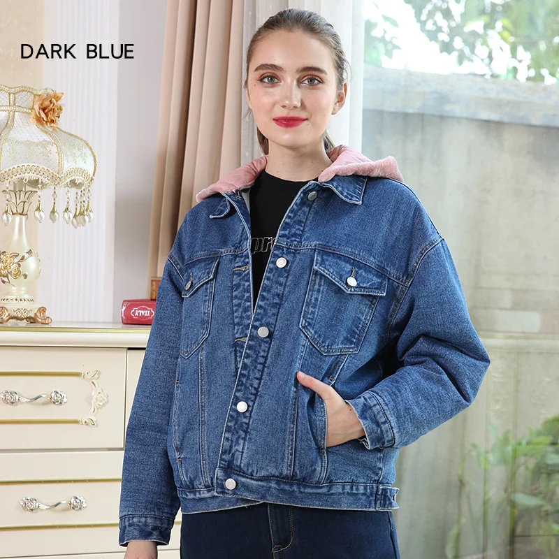Женская джинсовая куртка с начесом LEIJIJEANS, теплая стильная куртка с розовым капюшоном, новая молодежная модель 9226R большого размера на зиму - Цвет: blue 9226R