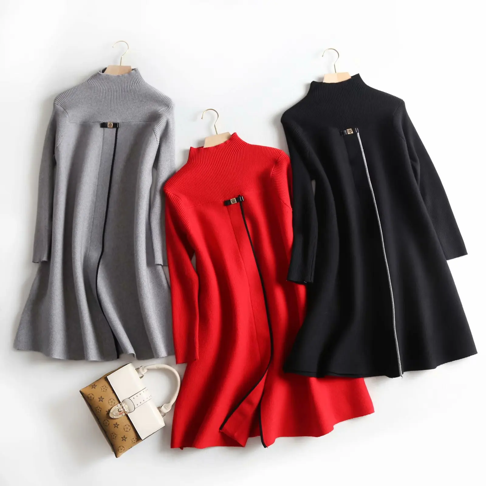 

N2102-c128 Trend WOMEN'S Dress Three-Color Basic Step High-waisted Cape Knitted One Piece Medium-length Dress