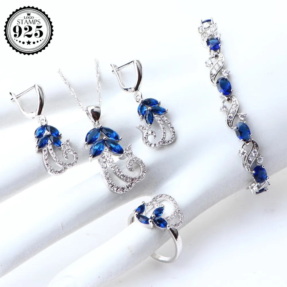 925 стерлингового серебра Свадебные Ювелирные наборы Голубой цирконий драгоценные серьги к костюму кольцо для женщин ожерелье кулон Набор подарочных коробок