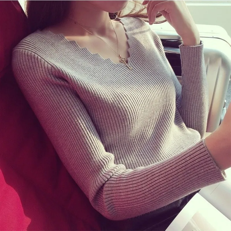 Women's V-neck knitted sweater Womens Sweaters Knitted Pullover V Neck Sweater Women Solid Slim Casual Autumn Knit Tops