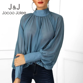 

Jocoo Jolee Women Turtleneck Blouse Autumn Ladies Long Puff Sleeve Purple Shirts Office Batwing Loose Tops Causal Chiffon Blouse