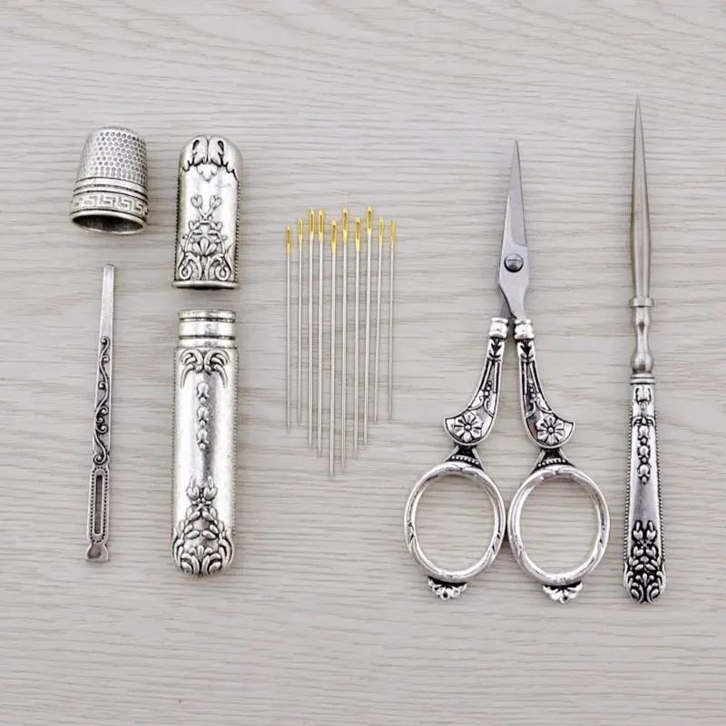 

Vintage Embroidery Sewing Scissors Needle Case Thimble Awl Threader Needlework