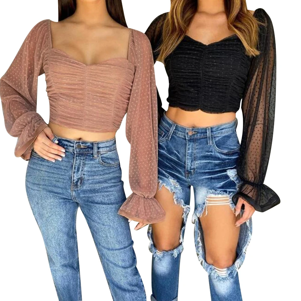 

Womens 2020 Spring Casual Polka Dots Print Mesh Patchwork Puff Sleeve T-Shirts Fairy Lady Off Shoulder Sexy Tops Ruched T Shirt