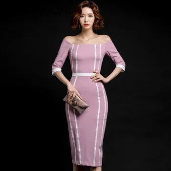 

2020 Summer Women Off Shoulder Office Ladies Bodycon Pencil Dress Fashion Spring Half Sleeve Striped Slash Neck Party Sexy Dress