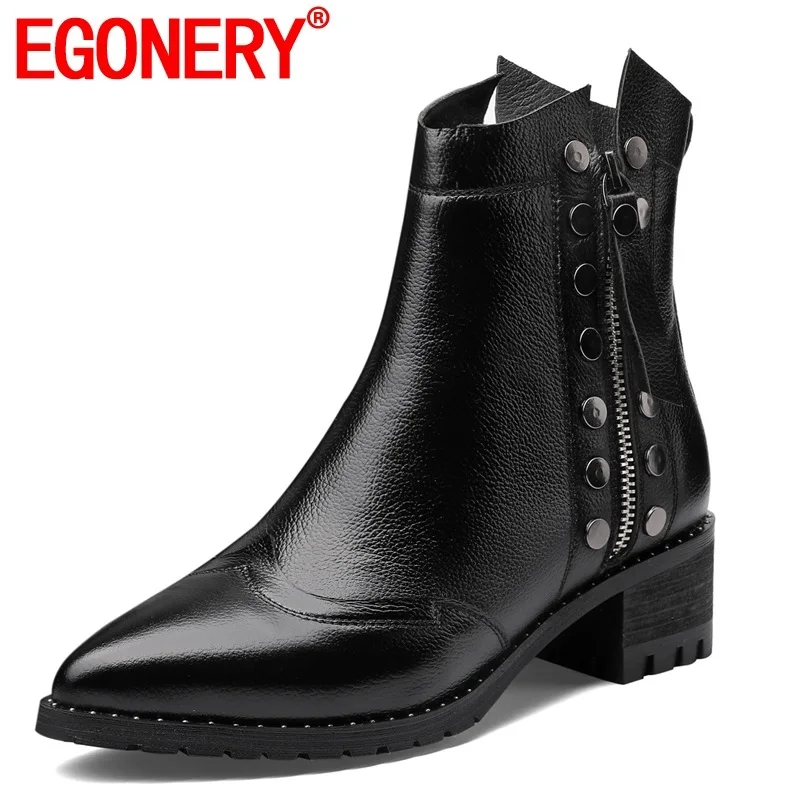 EGONERY/Новые модные зимние ботильоны женская обувь из натуральной кожи на среднем каблуке с острым носком на молнии Прямая, размеры 32-43
