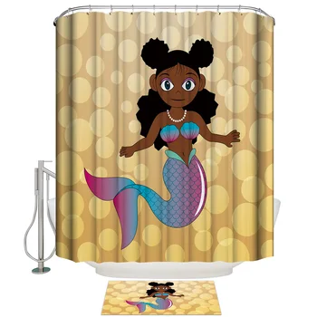 

Cute Black Girl Mermaid Shower Curtain Set Bathroom Decor