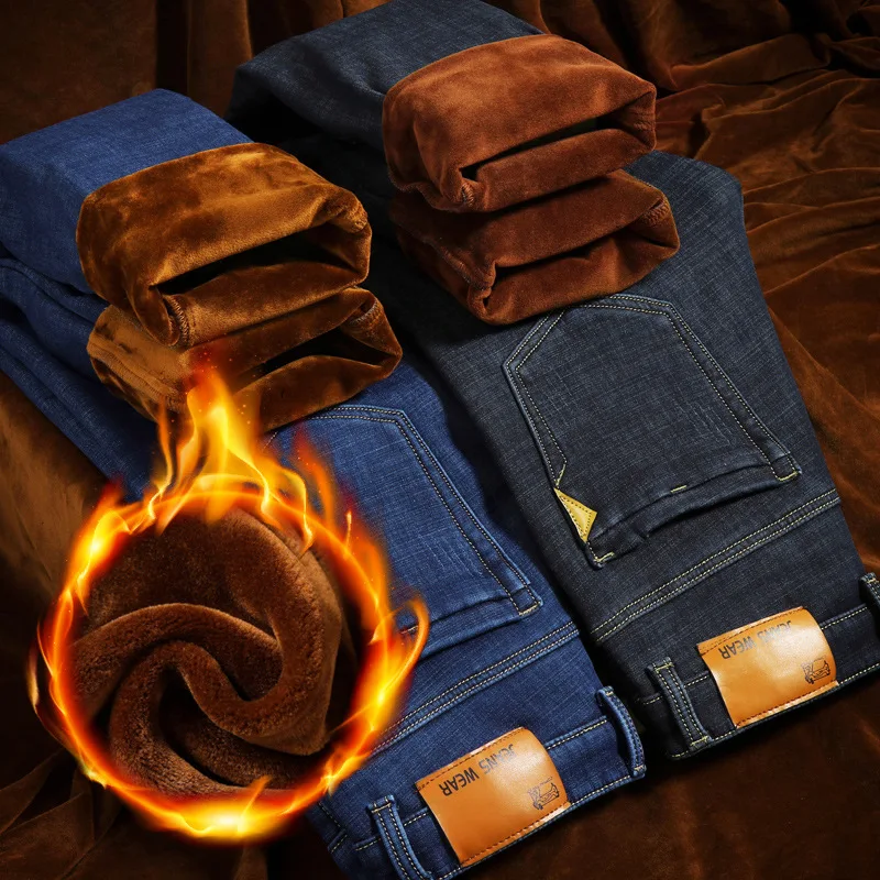 2019 Men Fashion Winter Jeans Black Blue Slim Fit Stretch Thick Velvet Pants Warm Casual Fleece Trousers Male Big Size | Мужская одежда