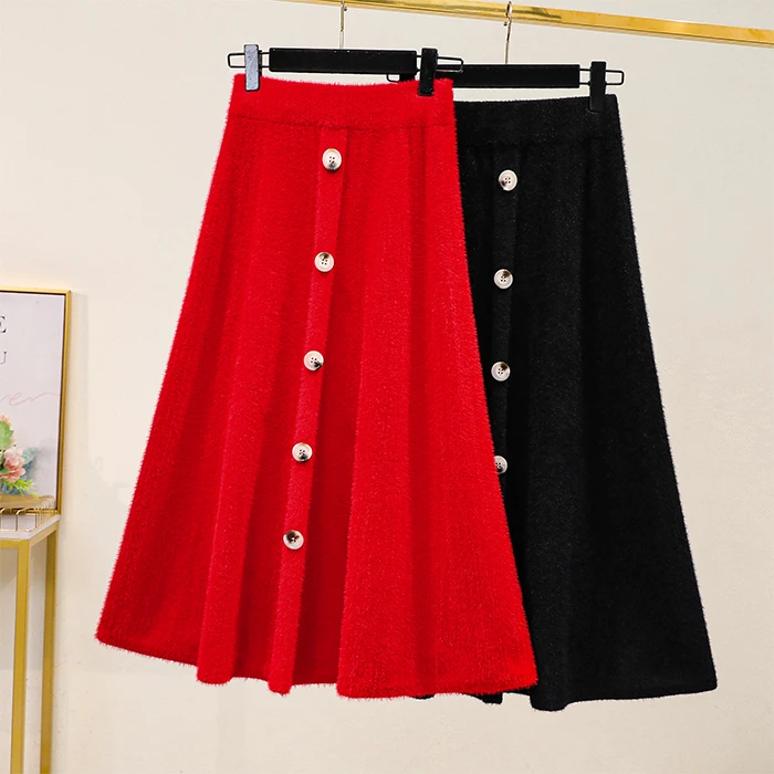 Black Red Knitted Long Plus Large Size Oversize Korean Style Fashion Autumn Women'S Clothing Vintage 2021 High Waist Skirts Skirts