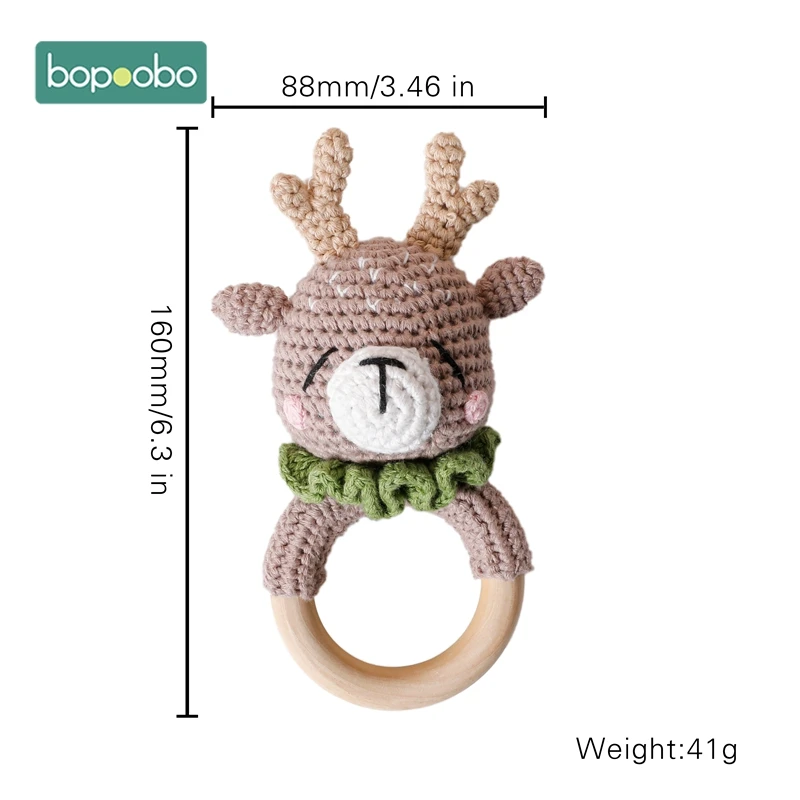 5PC Baby Rattle Toys Cartton Animal Crochet Wooden Rings Rattle DIY Crafts Teething Rattle Amigurumi For Baby Cot Hanging Toy 15