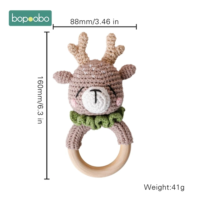 Bopoobo 1pc Baby Rattles Crochet Bunny Rattle Toy Wood Ring Baby Teether Rodent Baby Gym Mobile Rattles Newborn Educational Toys Elk