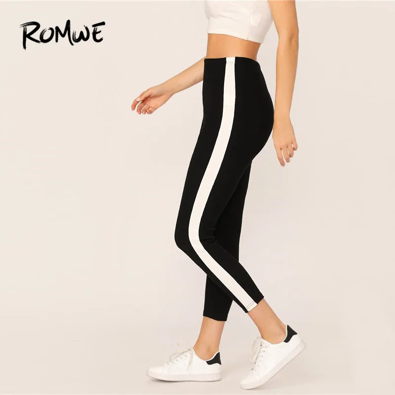 

Romwe Sport Colorblock Contrast Striped Side Yoga Pants Women Exercise Stretchy Fitness High Waist Yoga Leggings Fitness Pants