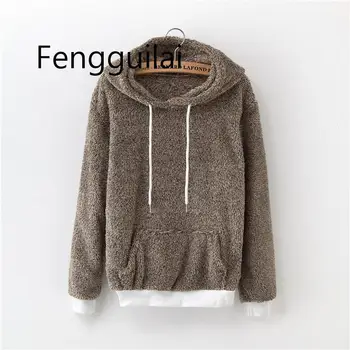 

Harajuku Plush Hooded Sweatshirt Autumn Front Pocket Casual Coat Winter Thick Warm Outwear Female Streetwear Japanese Pullover