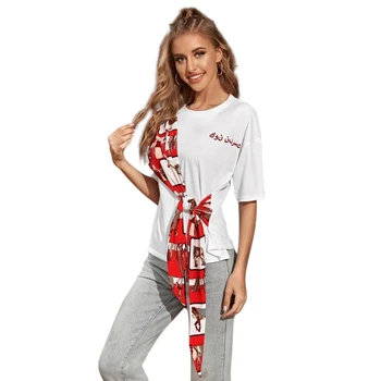 

Cute Fake Two Piece Tie Knot Front T Shirt for Women Elegant Ladies Patchwork Bow Tie Short Sleeve T Shirts Plus Size