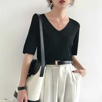 

Ice Silk T-shirt Knitwear Woman Spring Summer Slim Cool Breathable Office Lady Causal Tops Knitwear Young Girl Japan Korea New