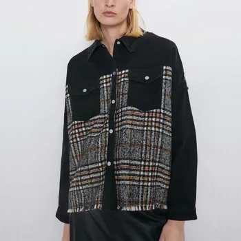 

Autumn and winter women's jacket casual plaid pocket decorative jacket