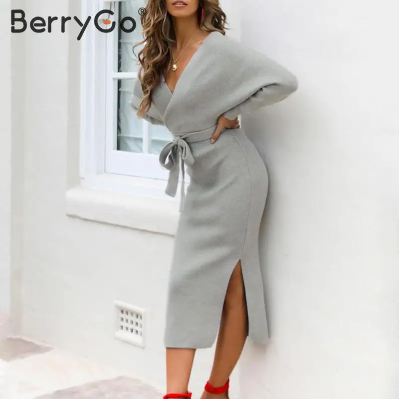 BerryGo, сексуальное вязаное платье с v-образным вырезом, женское, элегантное, с поясом, для офиса, для девушек, шикарное, короткое, для вечеринки, платье с высокой талией, однотонное, облегающее, осеннее платье