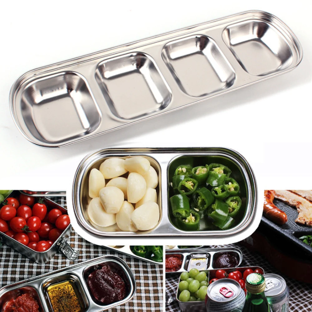 Stainless Steel Sauce Dish Divided BBQ Sauce Spice Dipping Tray Plate Dish