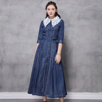 

2020 Spring Fashion Denim Blue Dress Women Casual Lapel Long Sleeve Long Shirt Vestido Elegant Work OL Sundress