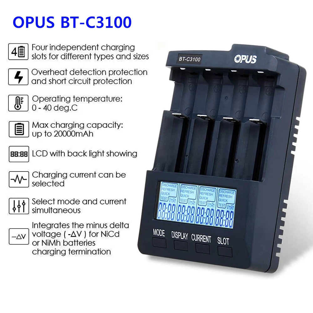 Battery Charger Charger Adapter Battery Charger Adapter OPUS BT-C3100 V2.2 LCD Smart Battery Charger For Li-ion NiCd NiMH AA AAA 10440 14500 18650 21700 LiFePO4 Rechargeable Batteries