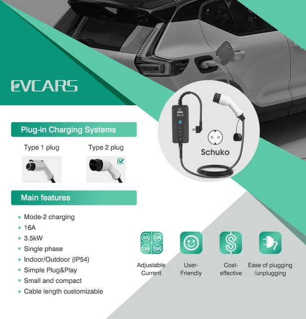 Chargeur de Voiture Électrique Portable EVSE, Station de Recharge Rapide  pour Maison, Type 2, 16A, 3,6 kW, Prise EU, Câble de 10m - AliExpress