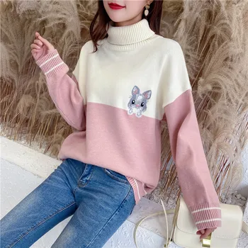 

9493 new color matching high collar cartoon college style sweater 55