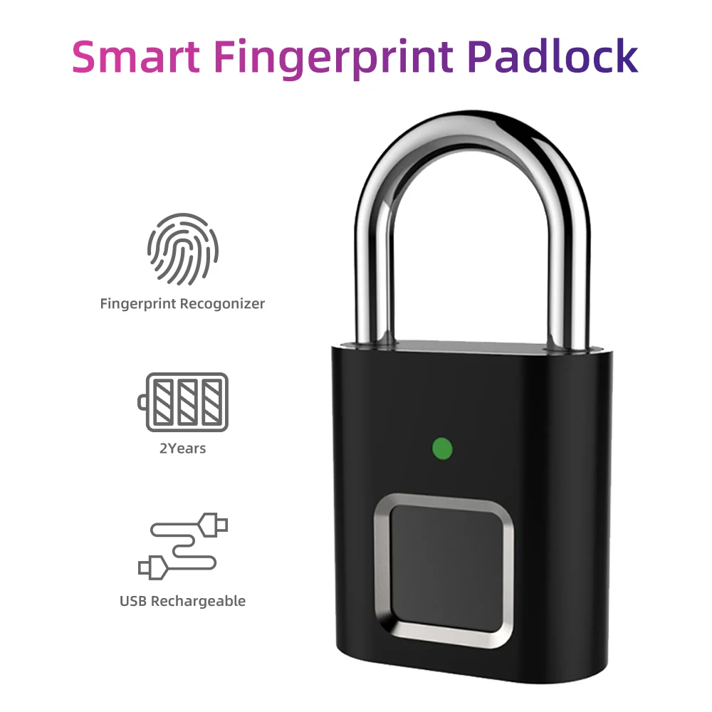 

Mini Smart Biometric Thumbprint Door Padlocks Rechargeable Door Lock Fingerprint Smart Padlock USB Keyless Quick Unlock