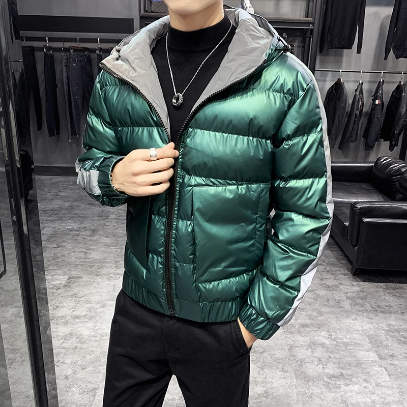 Blackish green Толстая Теплая мужская парка с капюшоном зимняя мужская теплая Модная приталенная куртка из хлопка в стиле пэчворк куртка на молнии D303 - Цвет: Blackish green