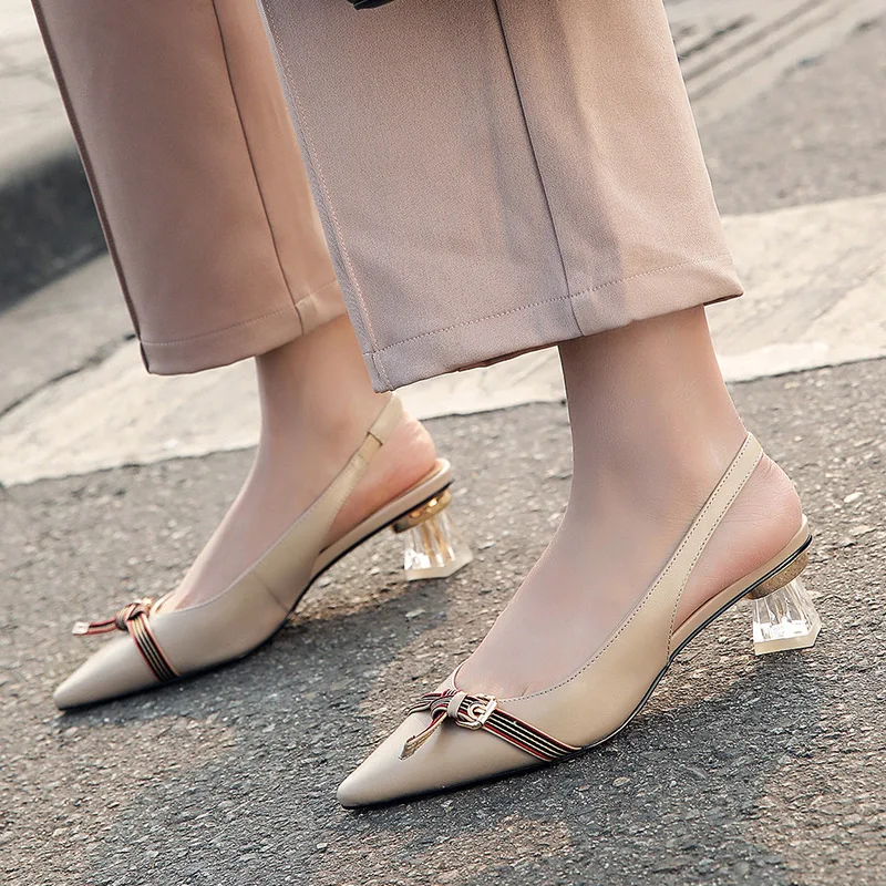 

2019 Spring And Summer New Style Pointed-Toe Genuine Leather yi xing gen WOMEN'S Shoes Versatile Semi-high Heeled Sandals Closed