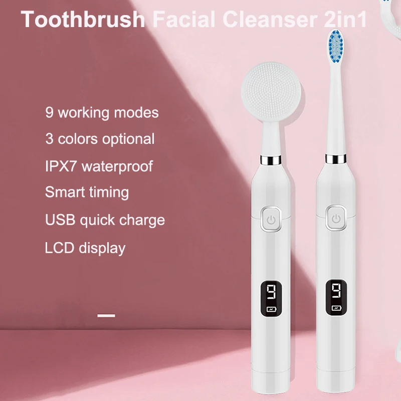 

Sonic Electric Toothbrush Waterproof Ultrasonic Automatic Facial Cleaning Smart Brush USB Rechargeable 9mode with 6 Brush Heads