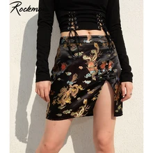 Rockmore, китайский стиль, с разрезом, выше колена, мини юбки, для женщин, с пуговицей, Ретро стиль, высокая талия, юбка для женщин, уличная, сексуальные юбки для клуба