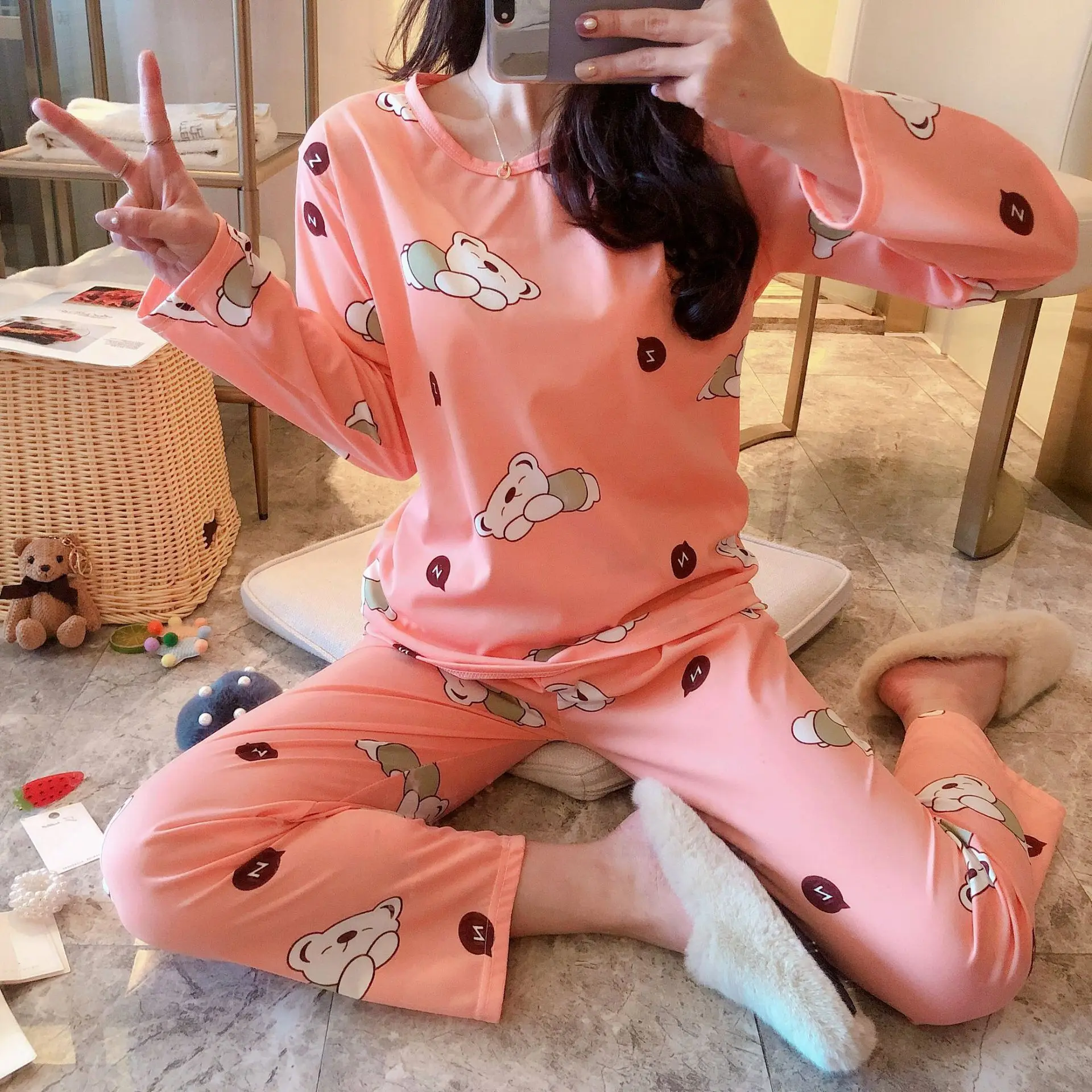 

Korean-style New Style Pajamas Women Long Sleeve Spring And Autumn Women's Cute Homewear Set Autumn And Winter Pajamas Women's-O