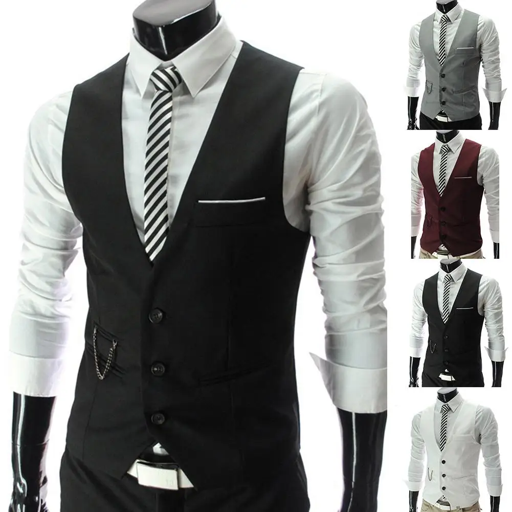 Vests Men V Neck Sleeveless Button Pocket Blazer Suit Fashion Waistcoat 4