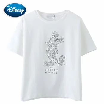 

Disney Cute Mickey Mouse Letter Cartoon Print Rhinestone Chic Fashion Women T-Shirt O-Neck Pullover Short Sleeve Cotton Tee Tops