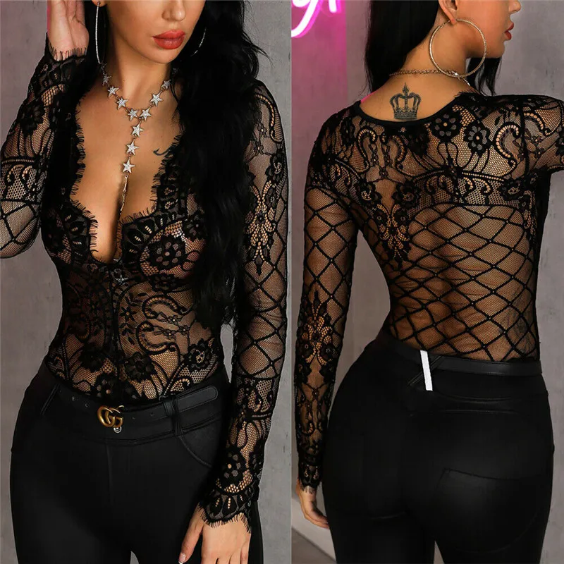 Body Sexy para mujer de encaje Bodycon leotardo Body Mesh Tops Club Party
