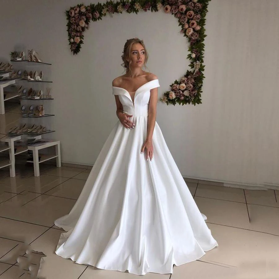 Off Shoulder Satin A-Line Wedding Dresses Lace Up Back Bridal Gowns 2020 Bandage Spring Simple Fashion | Свадьбы и торжества